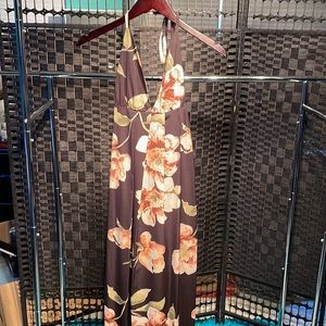 Casual floral midi sun dress halter tie dress slit up the side stretchy cover up